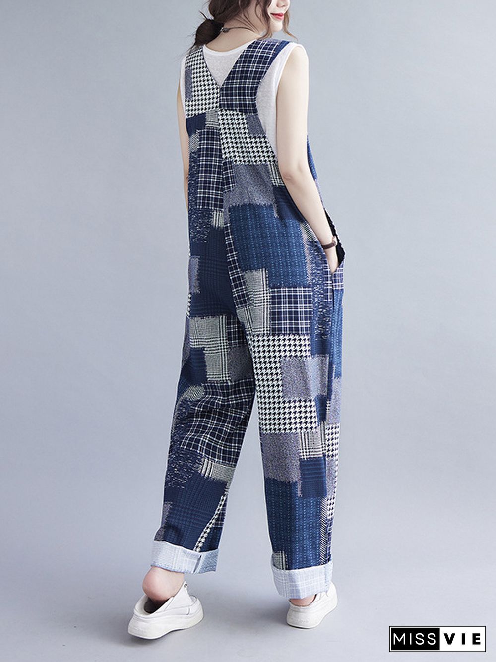 Artistic Retro Plaid Square-Neck Sleeveless Overalls