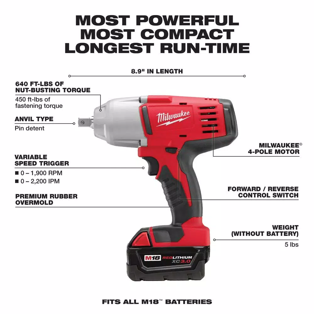 Milwaukee M18 18-Volt Lithium-Ion Cordless 1/2 in. Impact Wrench with Pin Detent Kit with (2) 3.0Ah Batteries， Charger and Hard Case and#8211; XDC Depot