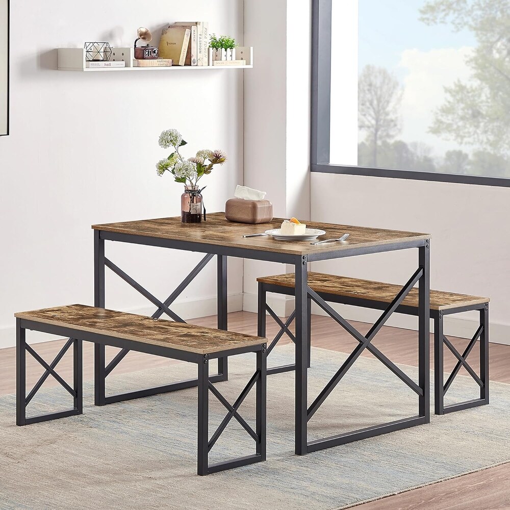 VECELO 3 pieces Dining Table Set with Bench for Kitchen and Restaurant