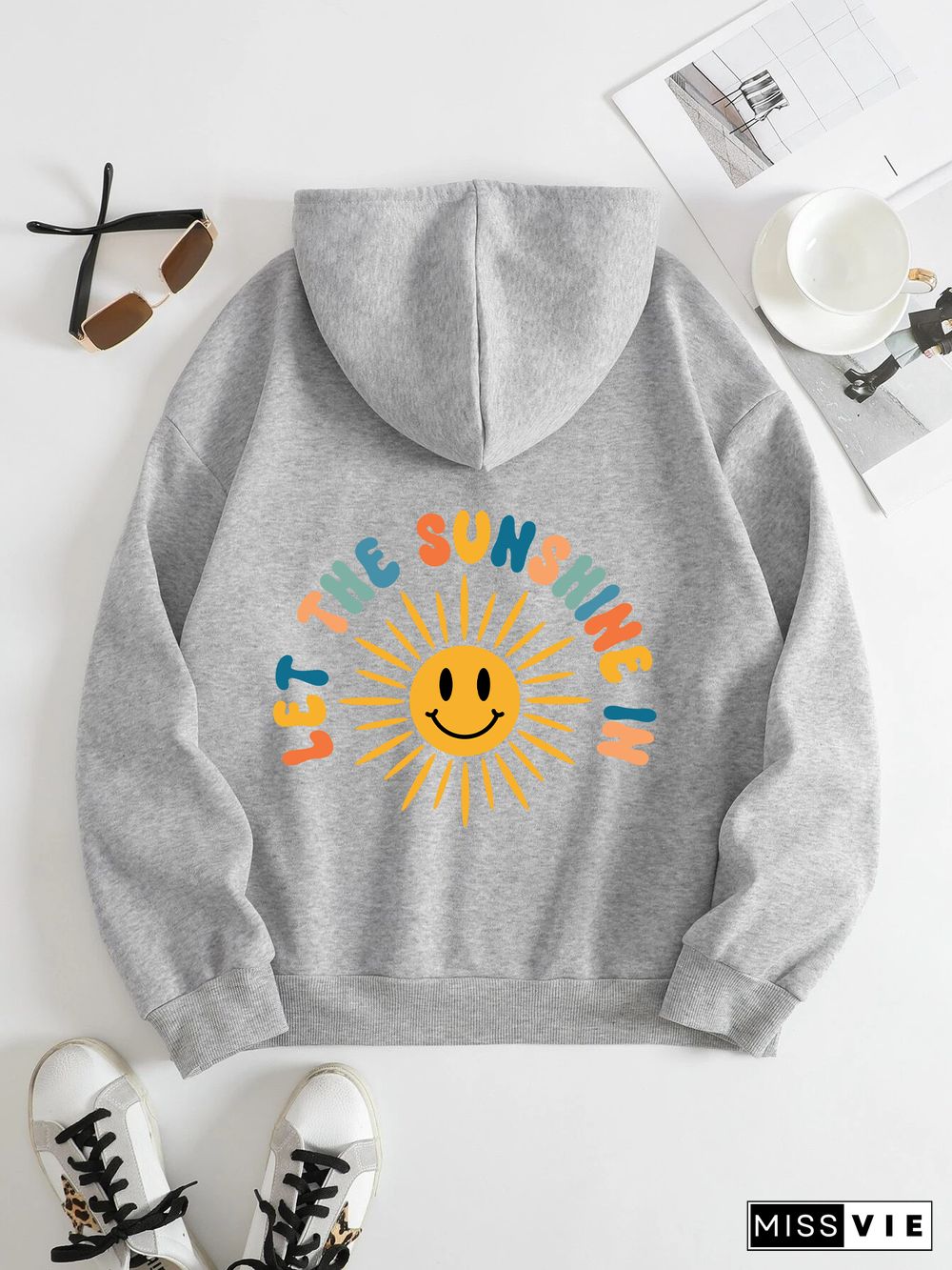 Printed on the Back Kangaroo Pocket Hoodie Long Sleeve for Women Pattern let the sunshine in