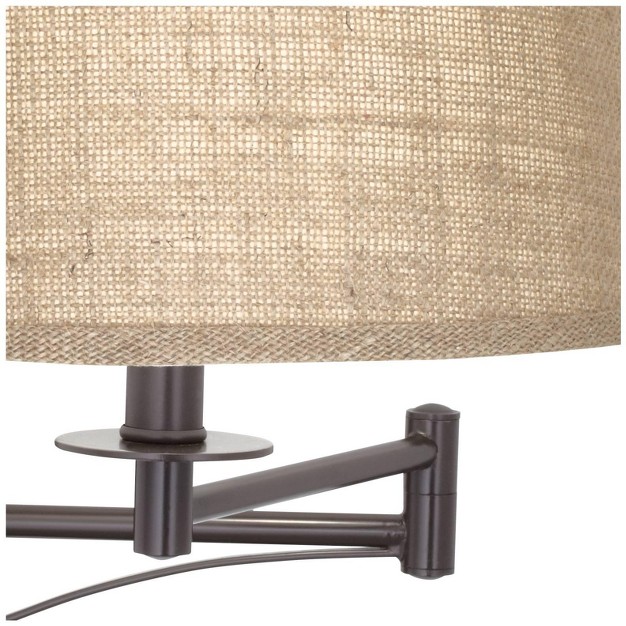 Franklin Iron Works Brinly Farmhouse Rustic Swing Arm Wall Lamp Matte Brown Metal Plug in Light Fixture Burlap Shade For Bedroom Bedside Living Room