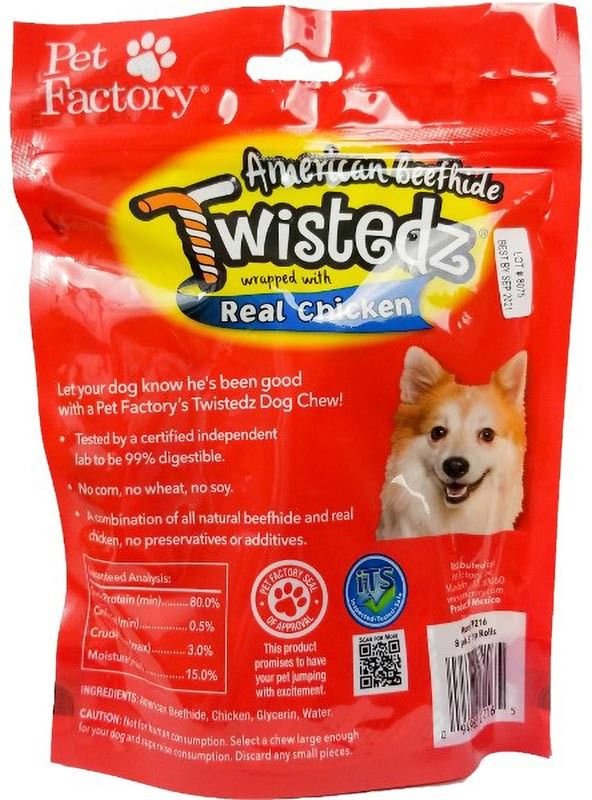 Pet Factory Twistedz 5-inch Beefhide Chip Rolls Chicken Flavored Wrap Dog Hard Chews， 8 count