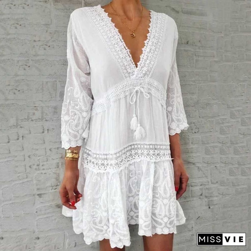 Women Fashion Casual Long Sleeve Floral Printed Holiday Bohemian Dress White Lace Dress Plus Size