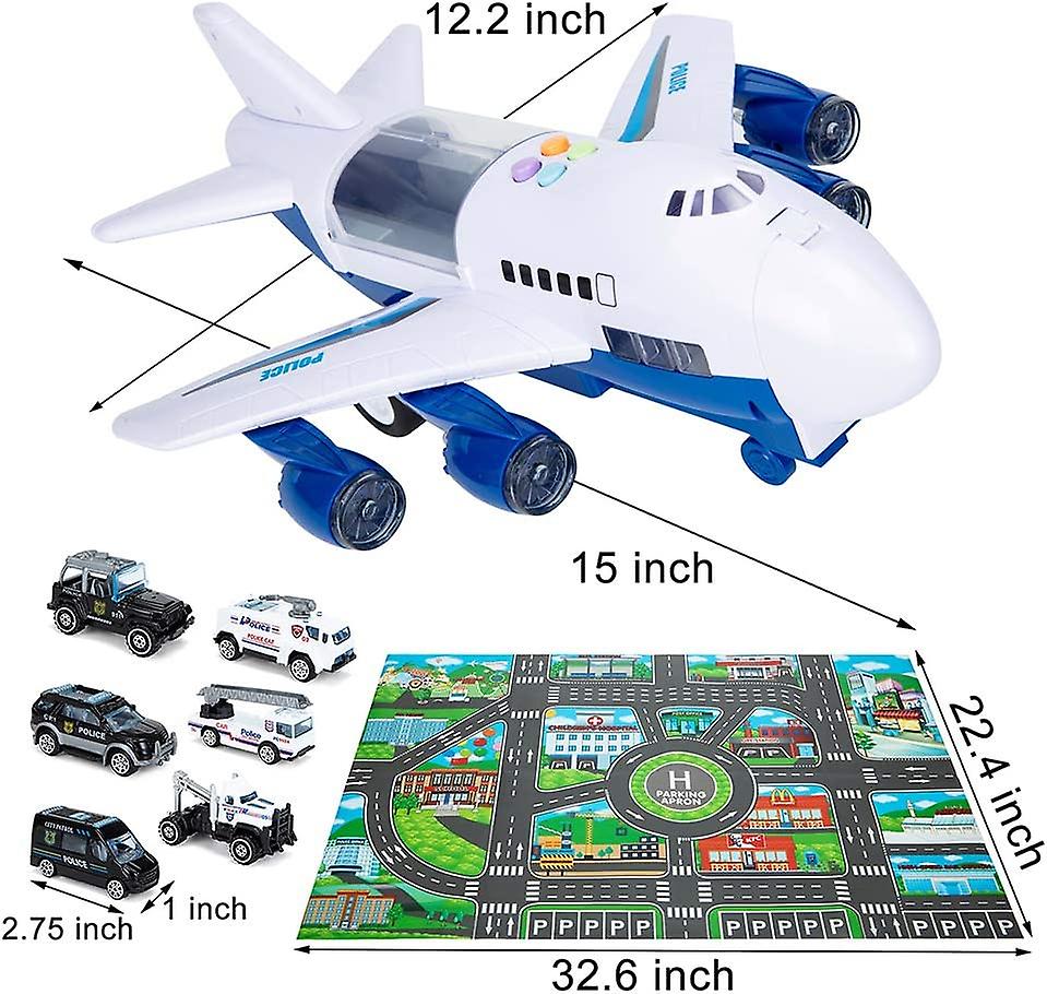 Car Toys Set With Transport Cargo Airplane And Large Play Mat， Mini Educational Vehicle Police Car Set For Kids Toddlers Boys Child Gift For 3 4 5 6 Y