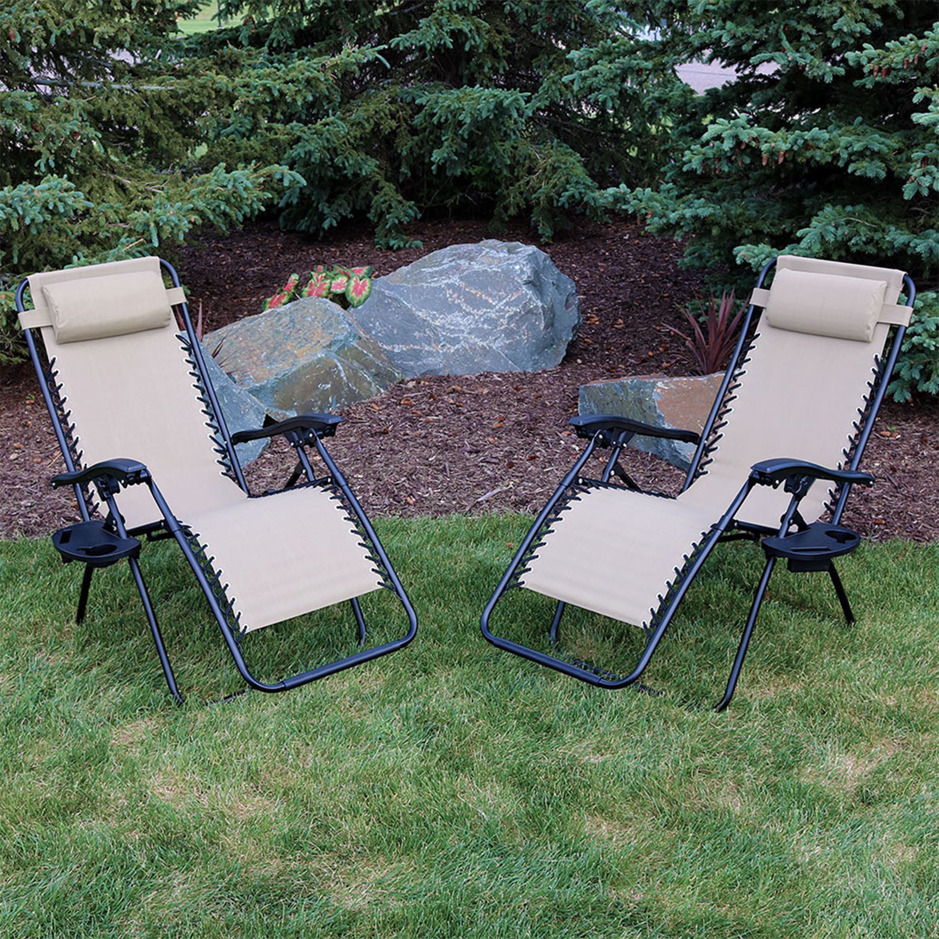 Sunnydaze Fade-Resistant Folding Outdoor Zero Gravity Lounge Chair with Pillow and Cup Holder - Khaki - 2-Pack