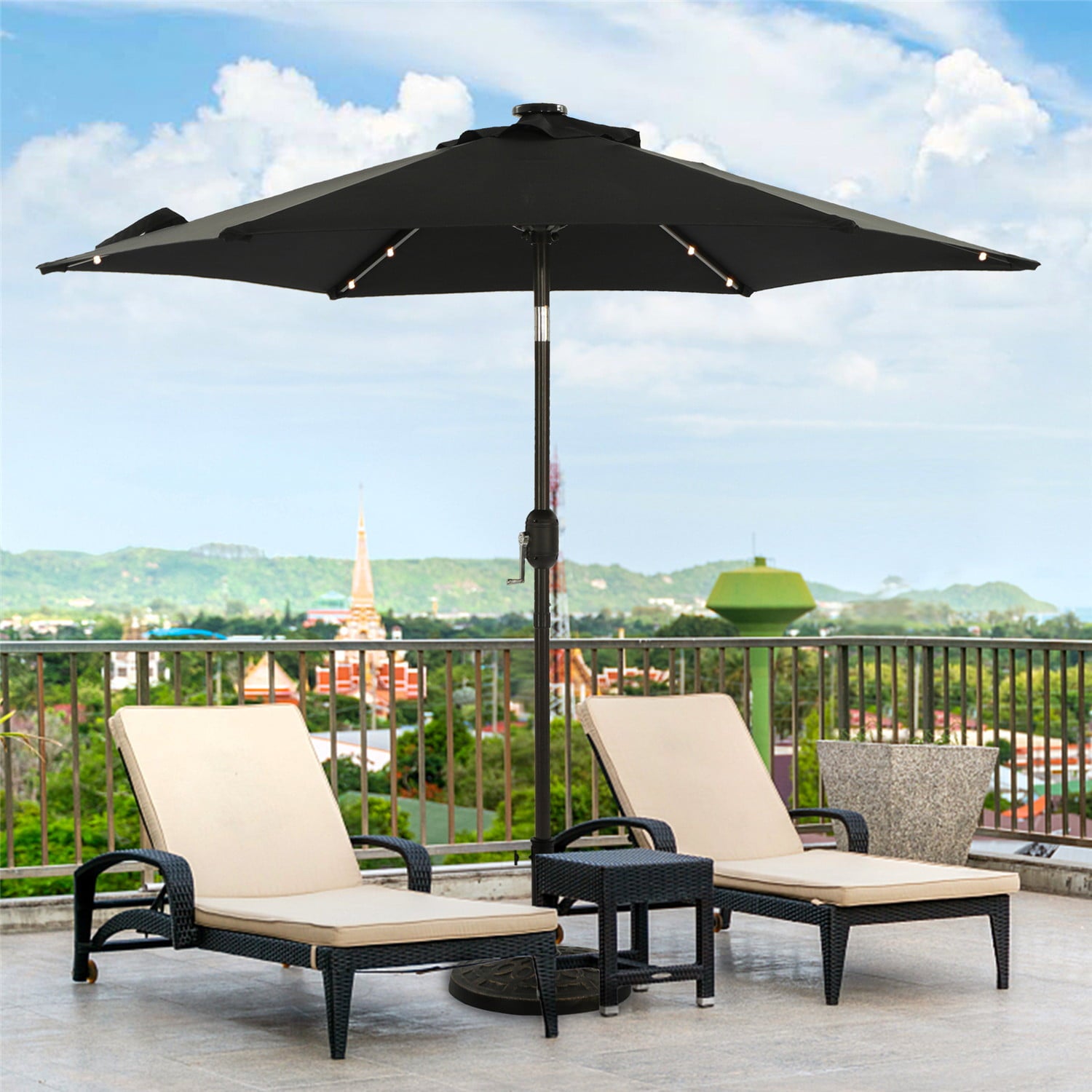 7.5 ft Solar Patio Umbrella 18 LED Lighted Market Table Steel Umbrella, Black