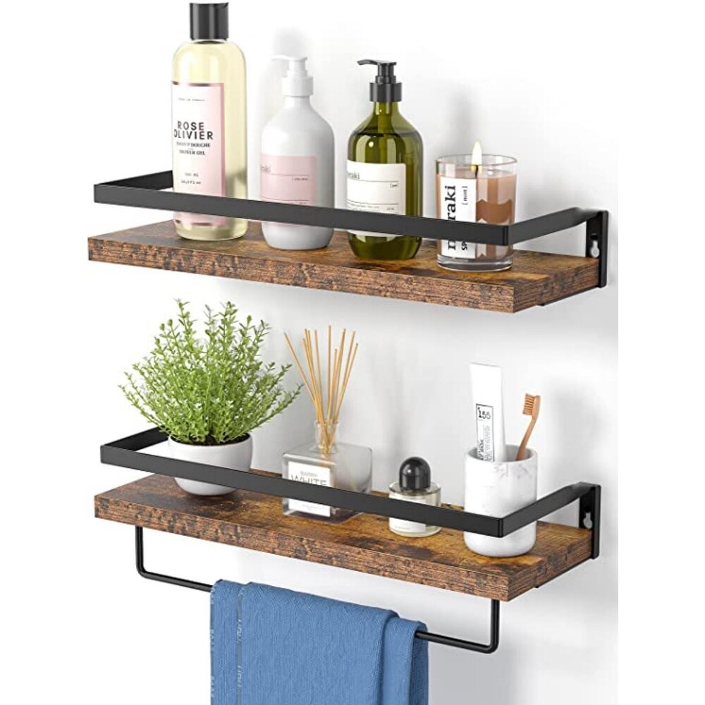 Floating Shelves Wall Mounted  Wall Shelves for Bathroom  Kitchen  Bedroom  Storage Shelf with Towel Bar  Set of 2