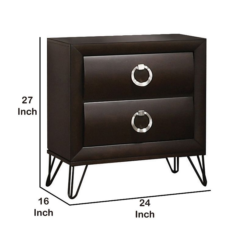 2 Drawer Wooden Nightstand with Metal Ring Handles and Harpin Legs， Brown