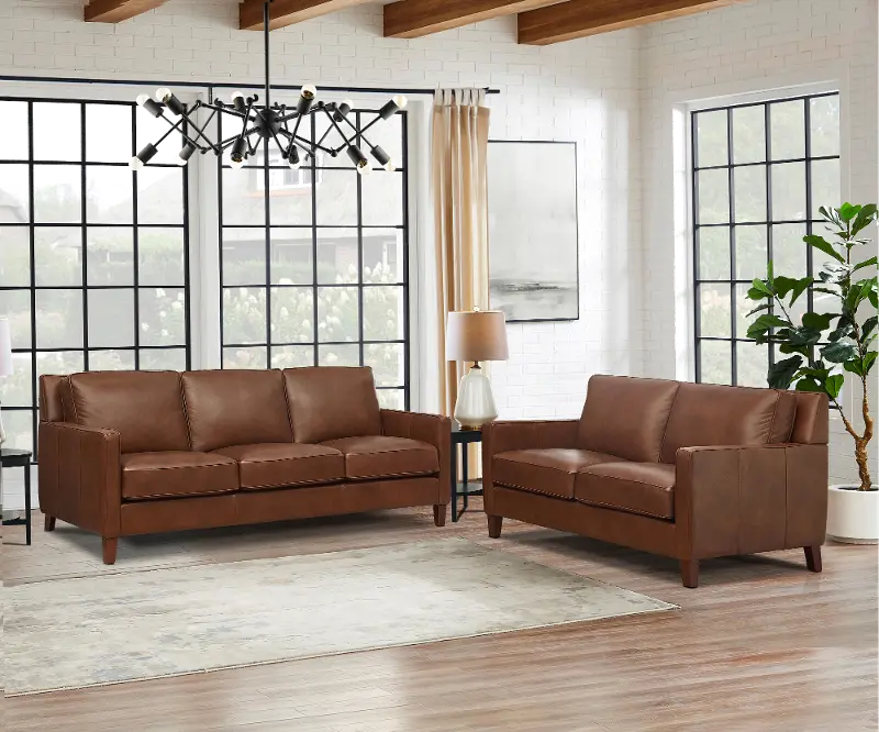 New Haven Brown Leather 2 Piece Sofa and Loveseat Set - Amax Leather