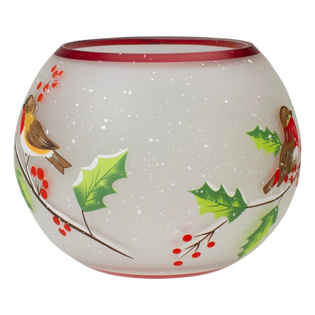 Northlight 5 inch Hand Painted Finches And Pine Flameless Glass Candle Holder