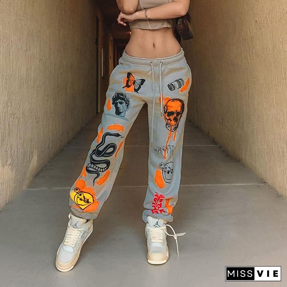 Trendy Halloween Graphic Print Lace-Up Lounge Pants