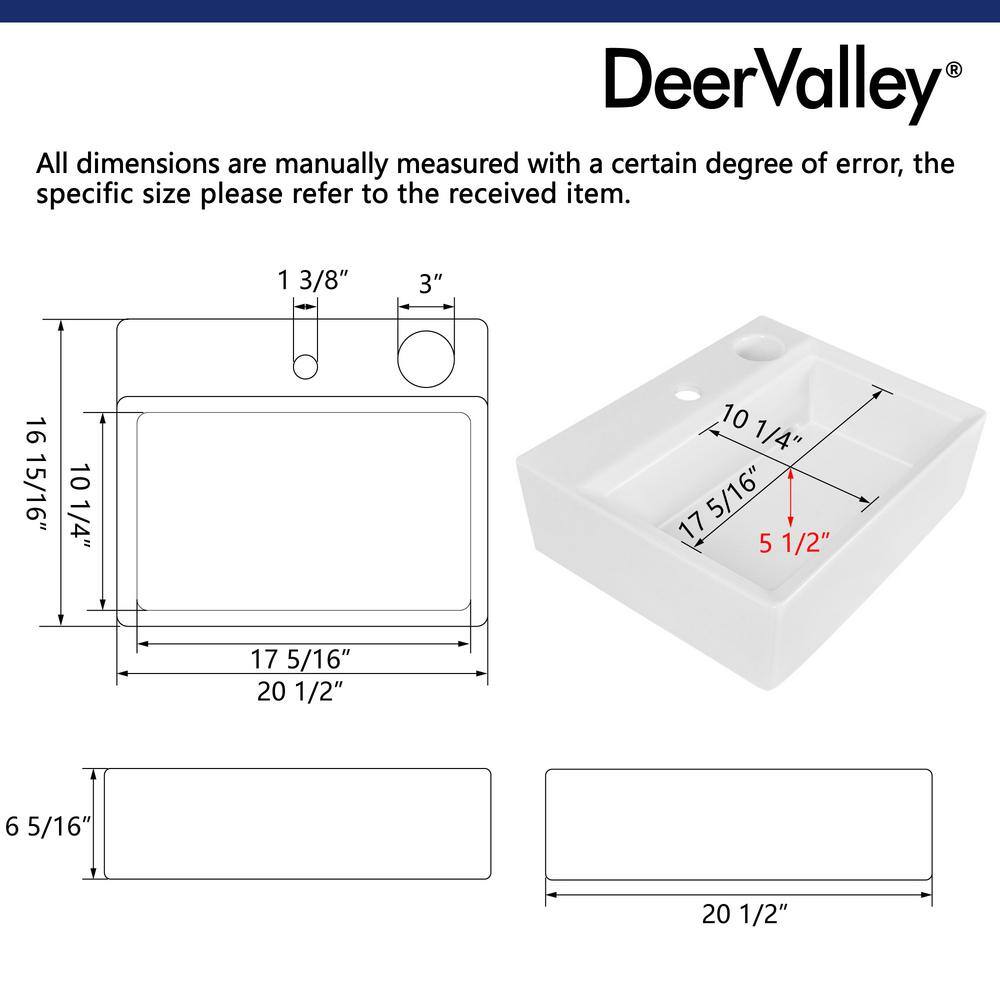 DEERVALLEY Apex White Ceramic Rectangular Vessel Bathroom Sink not Included Faucet with Pop-up Drain DV-1V0046