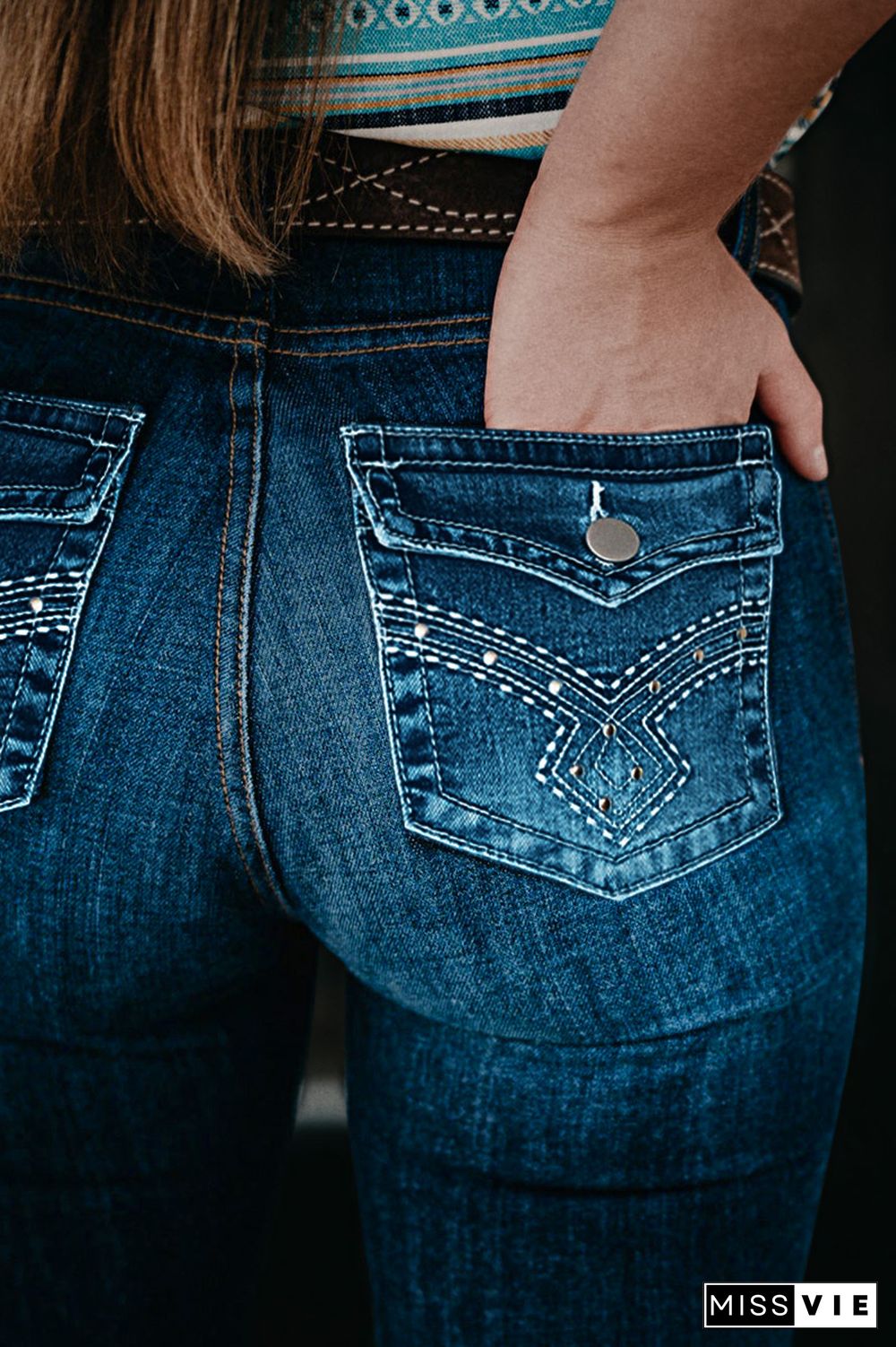 High Waist Embroidery Rhinestone Pocket Flare Jeans Without Belt