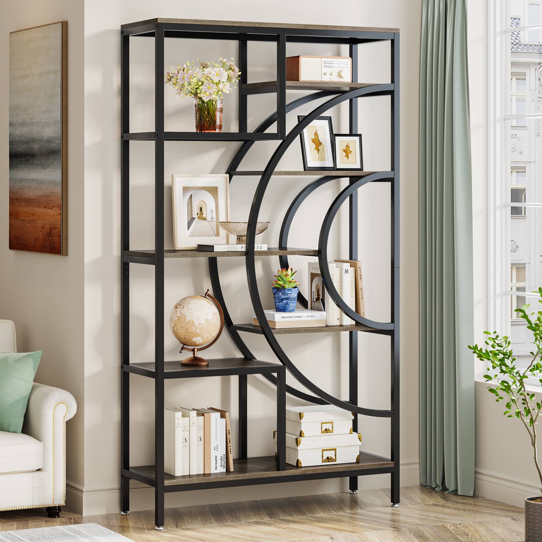 8-Tier Bookshelf, 71 Geometric Bookcase, Industrial Etagere Shelving Unit