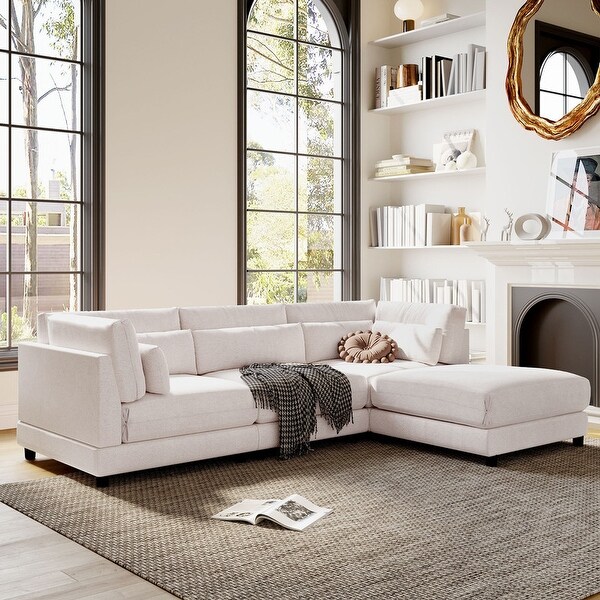 2 Pieces Upholstered Sectional Sofa， Modern Chaise Lounge Couch with Removable Ottomans and Comfortable Waist Pillows