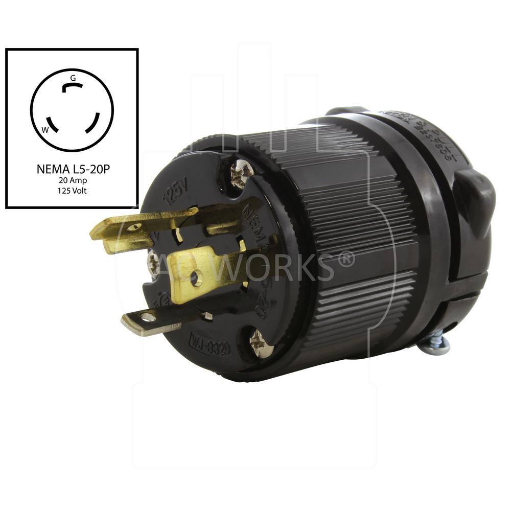 AC WORKS NEMA20 Amp 125-Volt 3-Prong Locking Male Plug With UL C-UL Approval ASL520P-BK