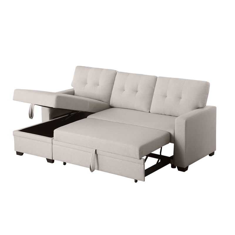 Pemberly Row Polyester Fabric Reversible Sleeper Sectional Sofa in Beige