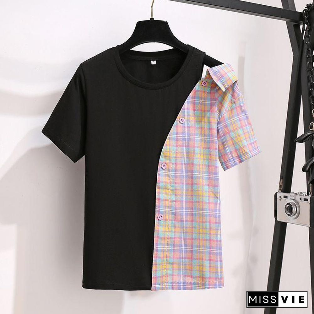 Plaid Patchwork Tee+Denim Skirt P13932