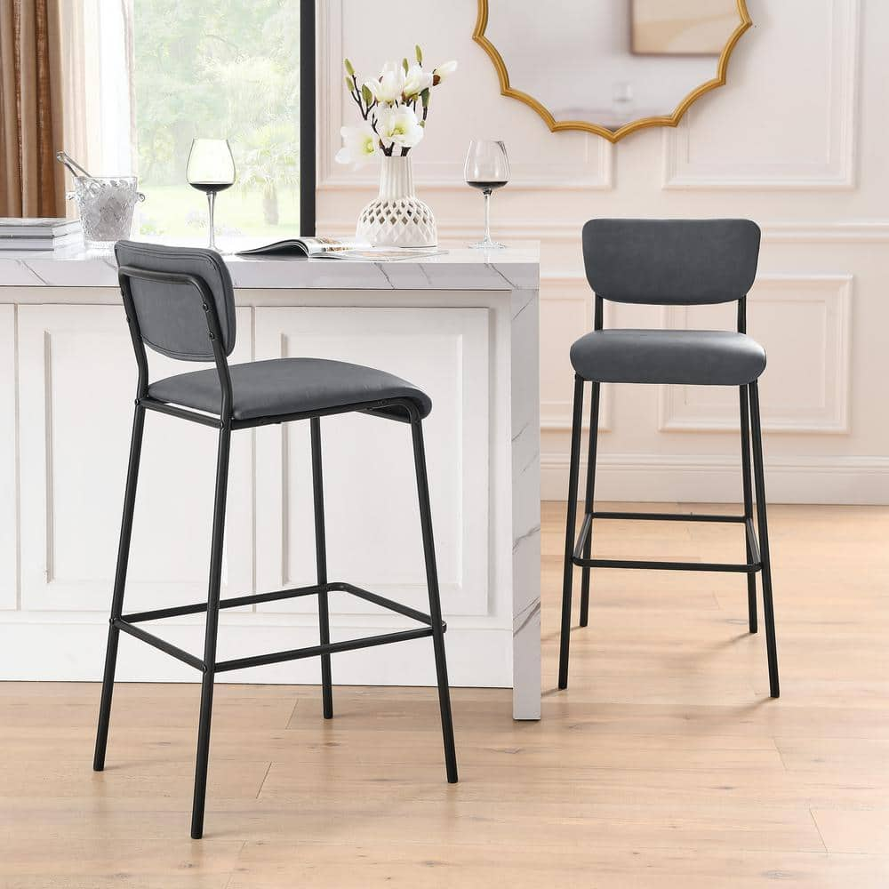 38.5 in. Gray Low Back Metal Frame Bar Stools, Dining Chair Pub Stools with Footrest and Faux Leather Seat (Set of 2) HY02015Y