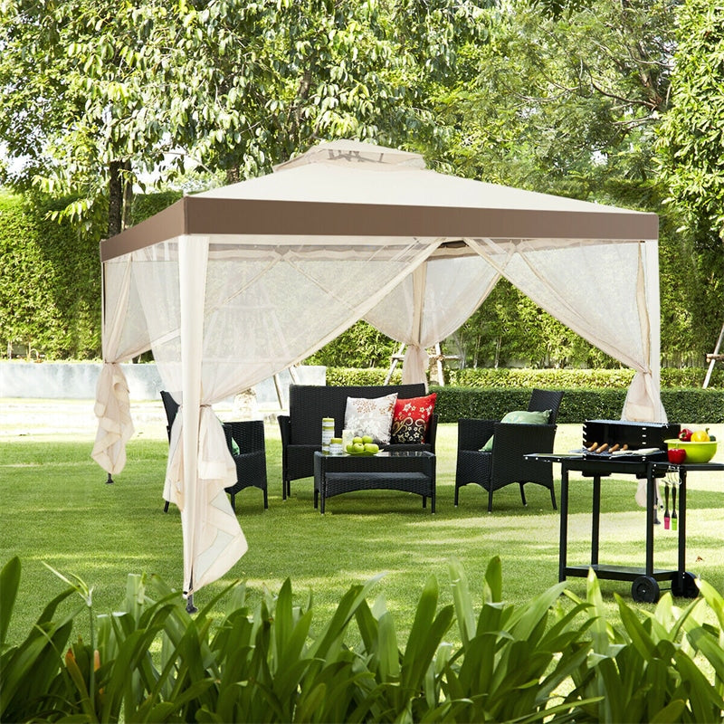 10 x 10 FT Patio Steel Gazebo with Netting, Vented Outdoor Canopy Gazebo Tent for House Party