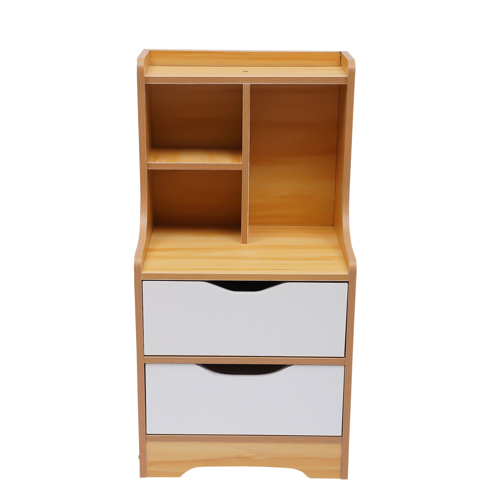 OUKANING Bedroom Nightstand Side Table Wooden End Table with 2 Drawers + Storage Shelf Wood Color