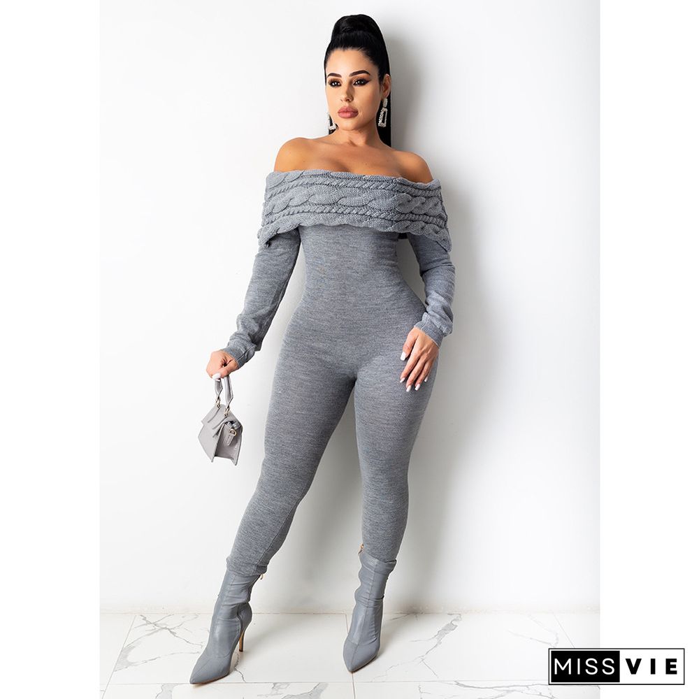 Off Shoulder Long Sleeve Knit Sweater Jumpsuit