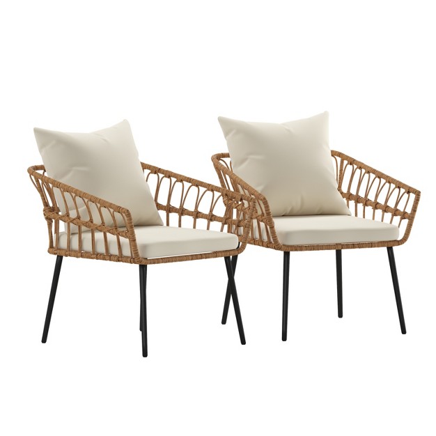 Emma And Oliver Indoor outdoor Bohemian Natural Rattan Rope Patio Chairs With Open Weave Design And Removable Plush Cushions