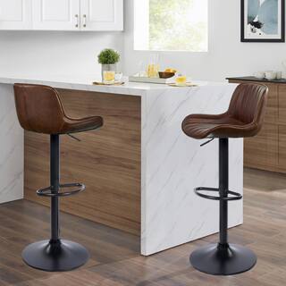 Art Leon Modern Cognac Faux Leather Swivel Adjustable Height Bar Stools with Black Base Set of 2 BS006-4