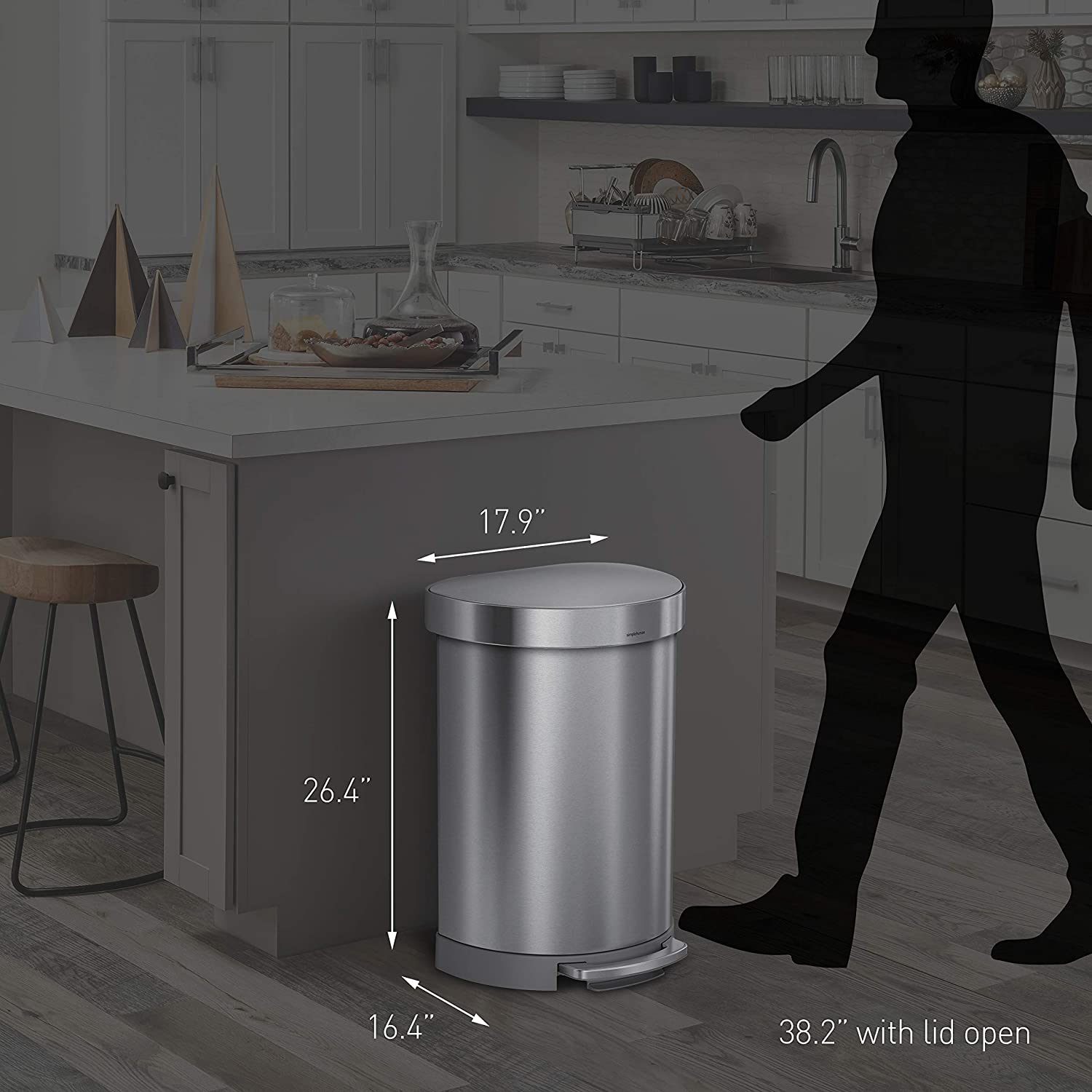 simplehuman 60 Liter Semi-Round Hands-Free Kitchen Step Trash Can with Soft-Close Lid， Brushed