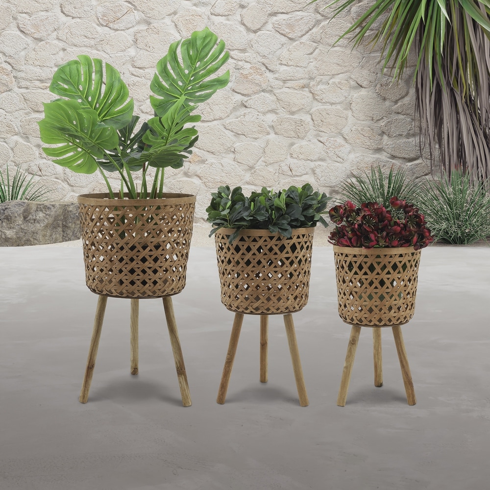 Natural Bamboo Wood Handmade Planters on Leg Stands (Set of 3)