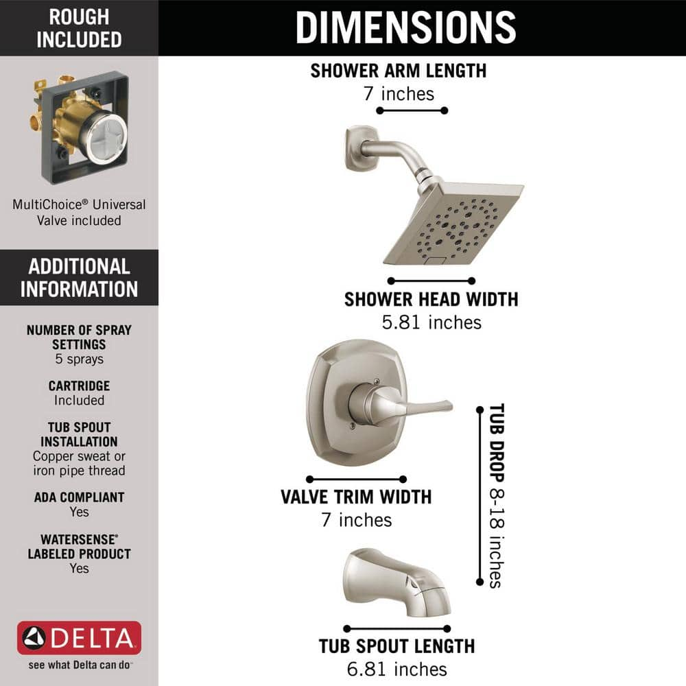 Delta Portwood SingleHandle 5Spray Tub and Shower Faucet with H2Okinetic in SpotShield Brushed Nickel