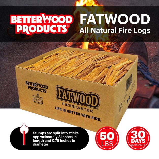 Better Wood Products Fatwood All Natural Waterproof Fire Logs Indoor outdoor Wood Fire Starter Sticks For Barbecue Fireplace amp Camping 50 Pounds