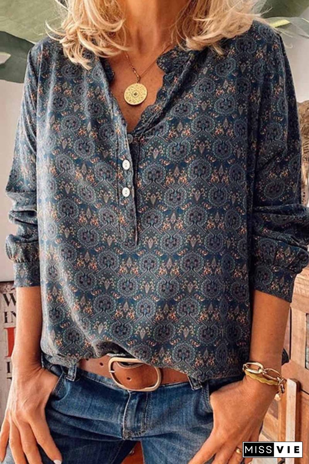 Vintage V-Neck Button Print Shirt(3 Colors)