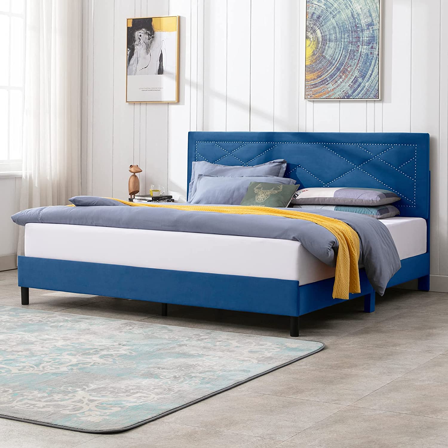 Mixoy King Bed Frame with High Headboard, Upholstered Platform Bed with Rivet Design, Wood Slat Support, Easy Assembly (King, Blue)