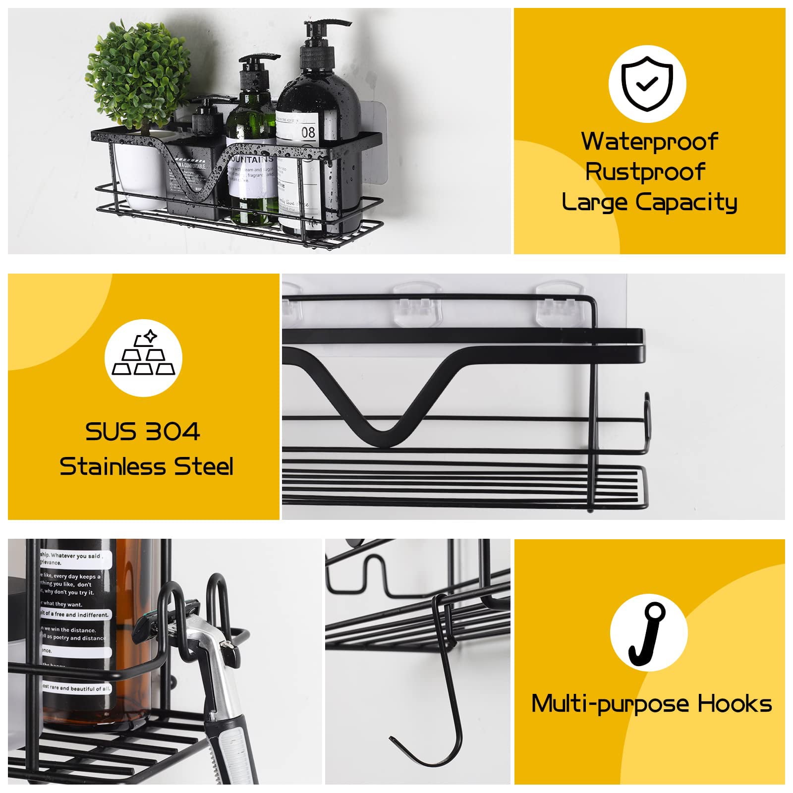 CHERISHGARD Shower Caddies 2 PACK - No Drilling Adhesive Shower Organizer with Hooks, Rustproof SUS304 Stainless Steel Bathroom Shower Shelf, Shower Rack Large Shower Holder & Kitchen Storage (Black)