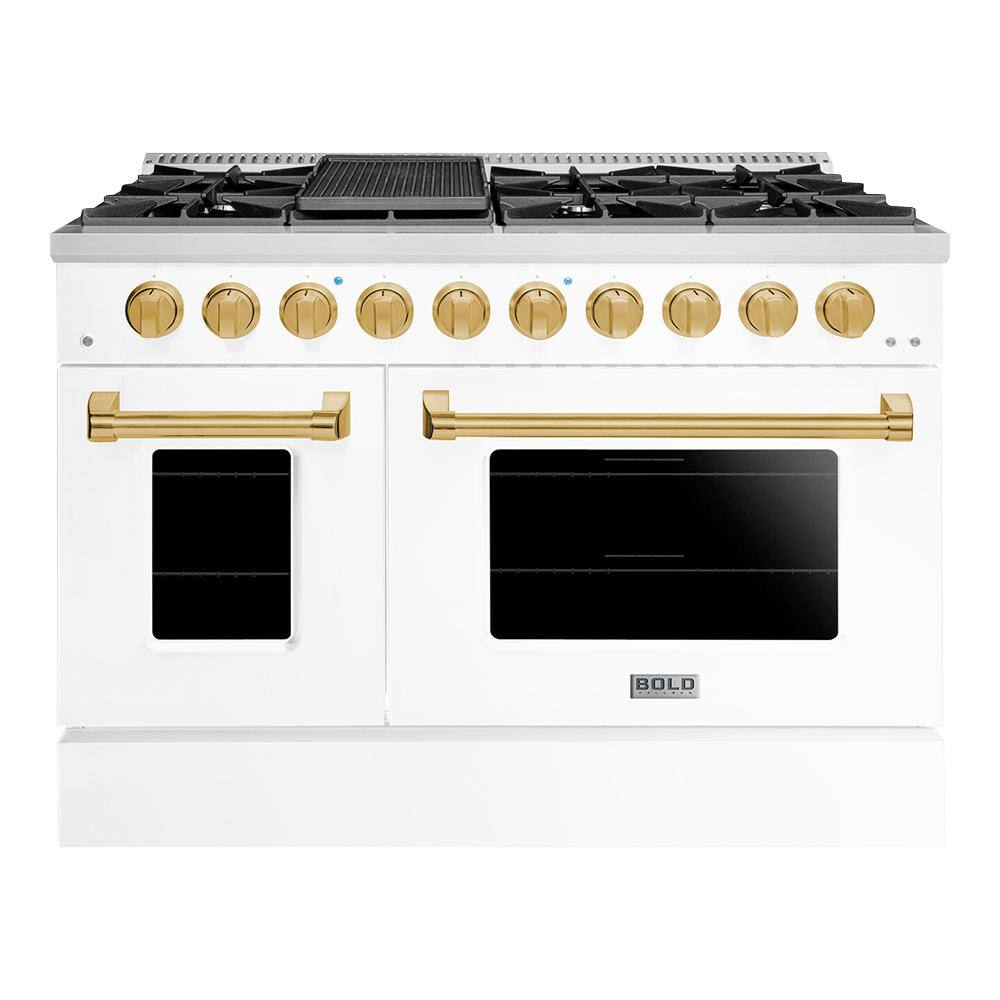 Hallman BOLD 48 in. TTL 6.7 Cu. ft. 8 Burner Freestanding All Gas Range with Gas Stove and Gas Oven White with Brass Trim HBRG48BSWT