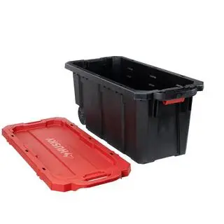 Husky 45 Gal. Latch and Stack Tote with Wheels in Black with Red Lid 206201