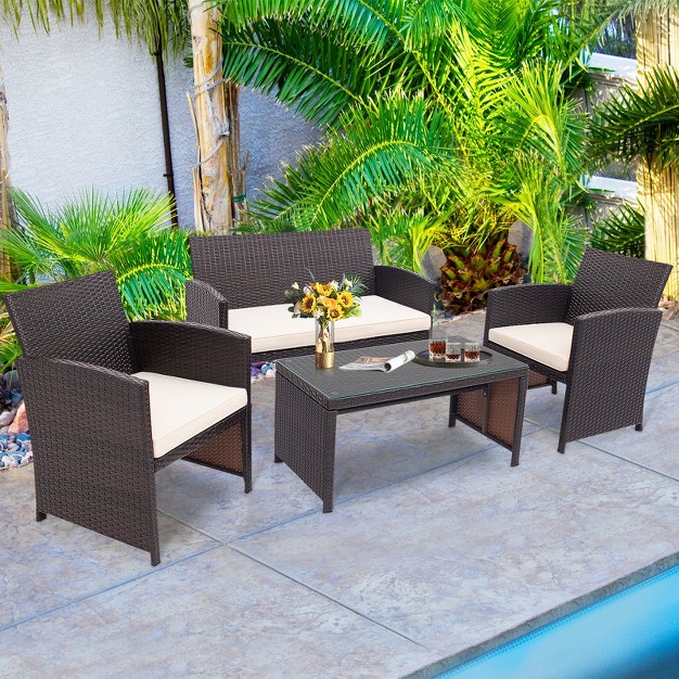 Tangkula 8pcs Outdoor Patio Furniture Sets Weather resistant Rattan Sofas W Soft Cushion White