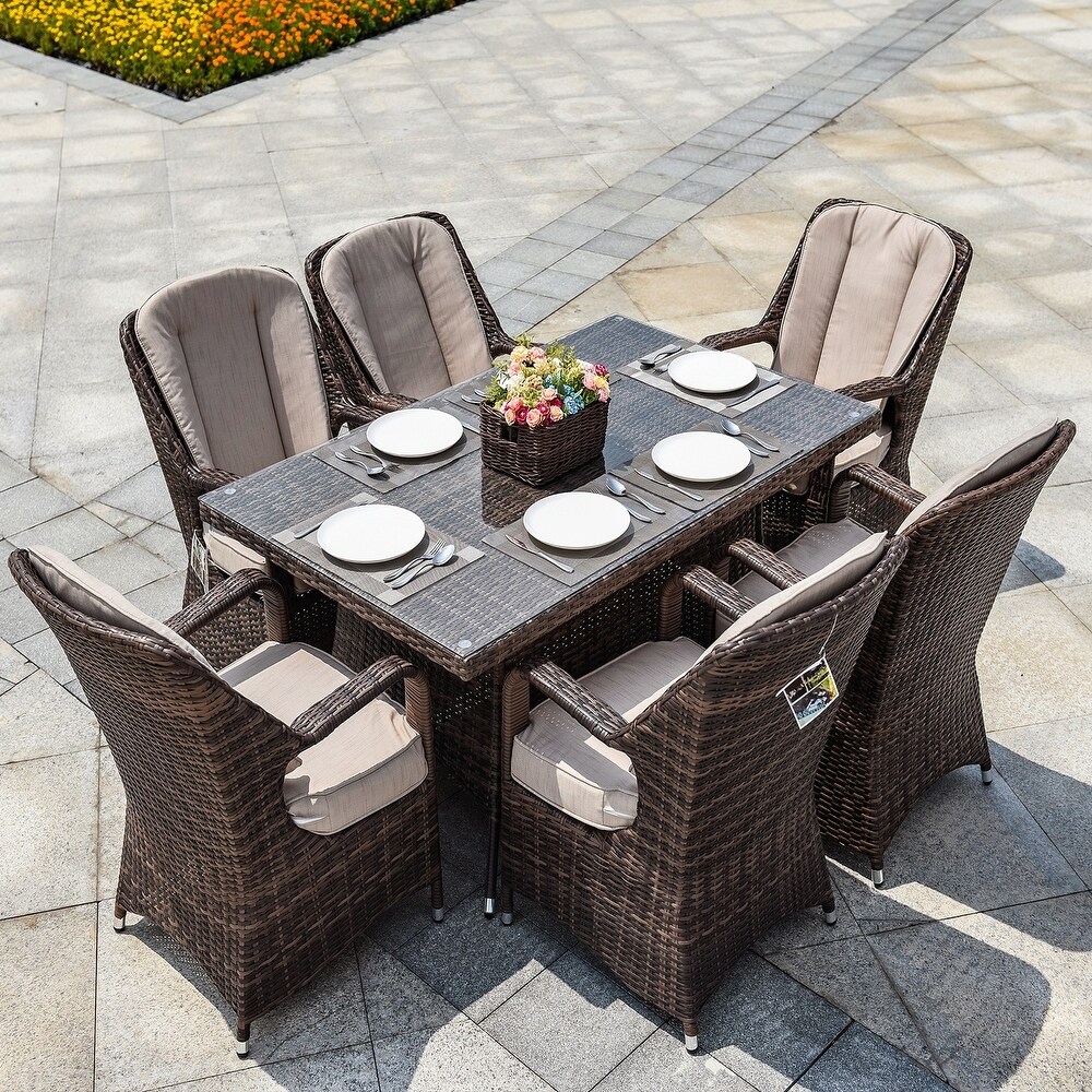 Abrihome 7 piece Outdoor Wicker Dining Table Set with 6 Eton Chairs