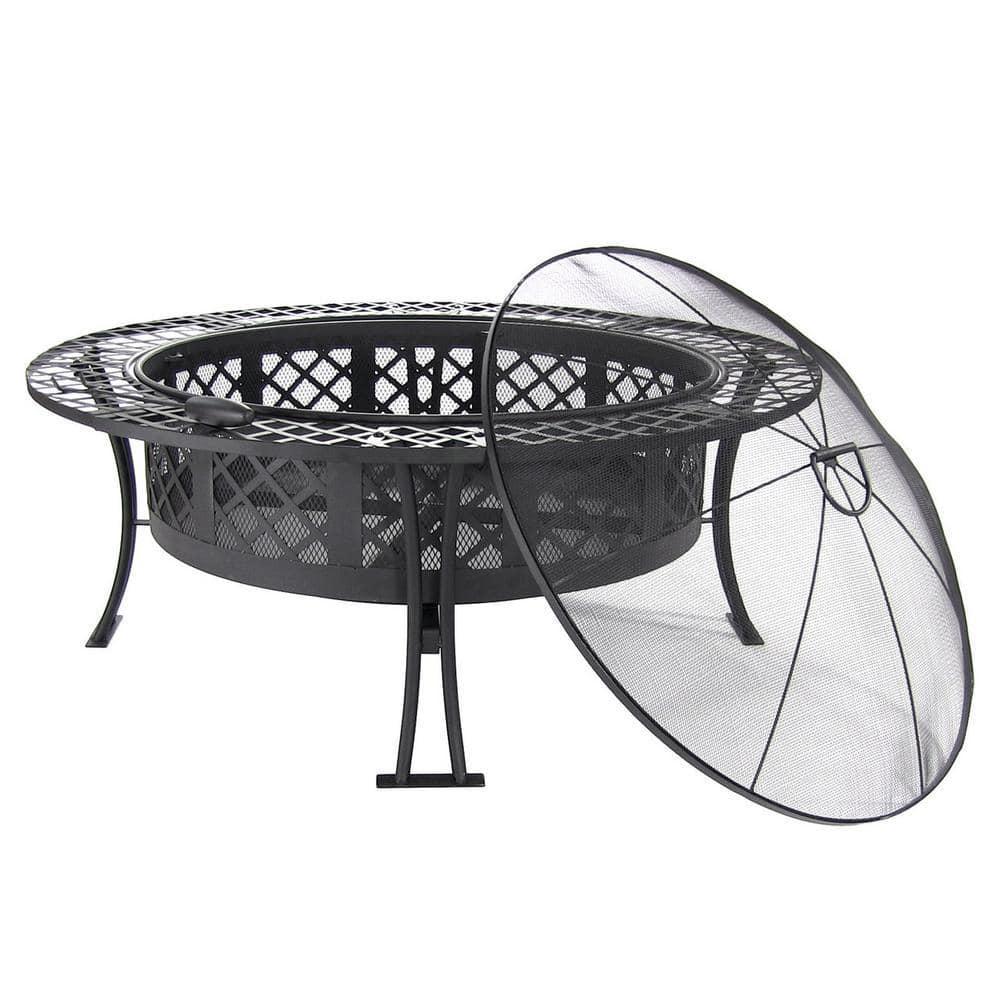 Sunnydaze Decor Diamond Weave 40 in x 20 in Round Steel Wood Burning Fire Pit in Black with Spark Screen