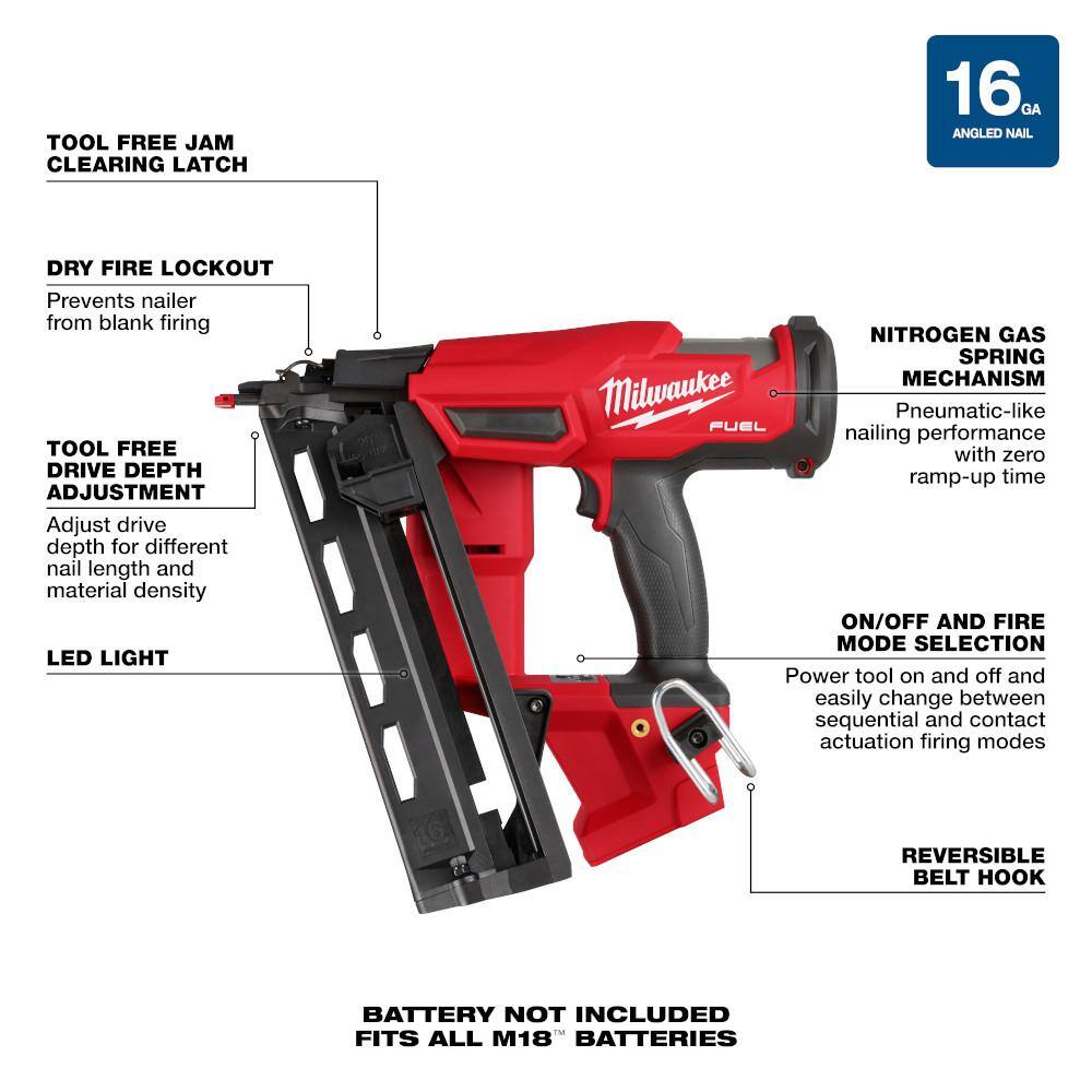 MW M18 FUEL Brushless 16-Gauge Cordless NailerM18 Hammer Drill  Impact Driver Combo Kit w 2 BatteriesM18 2.0 Ah Battery 2841-20-48-11-1820-3697-22