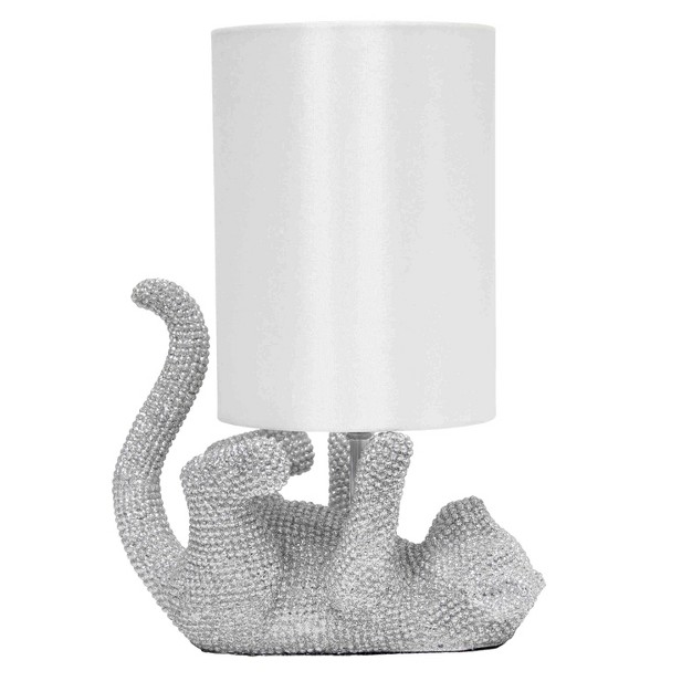 Diamond Studded Rhinestone Look Kitty Cat Feline Kids x27 Desk Nightstand Table Lamp With Faux Silk Fabric Shade Silver Lalia Home