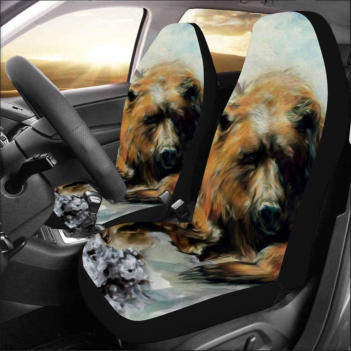 Set Of 2 Car Seat Covers Bear Painting Universal Auto Front Seats Protector Fits For Car，suv Sedan，truck