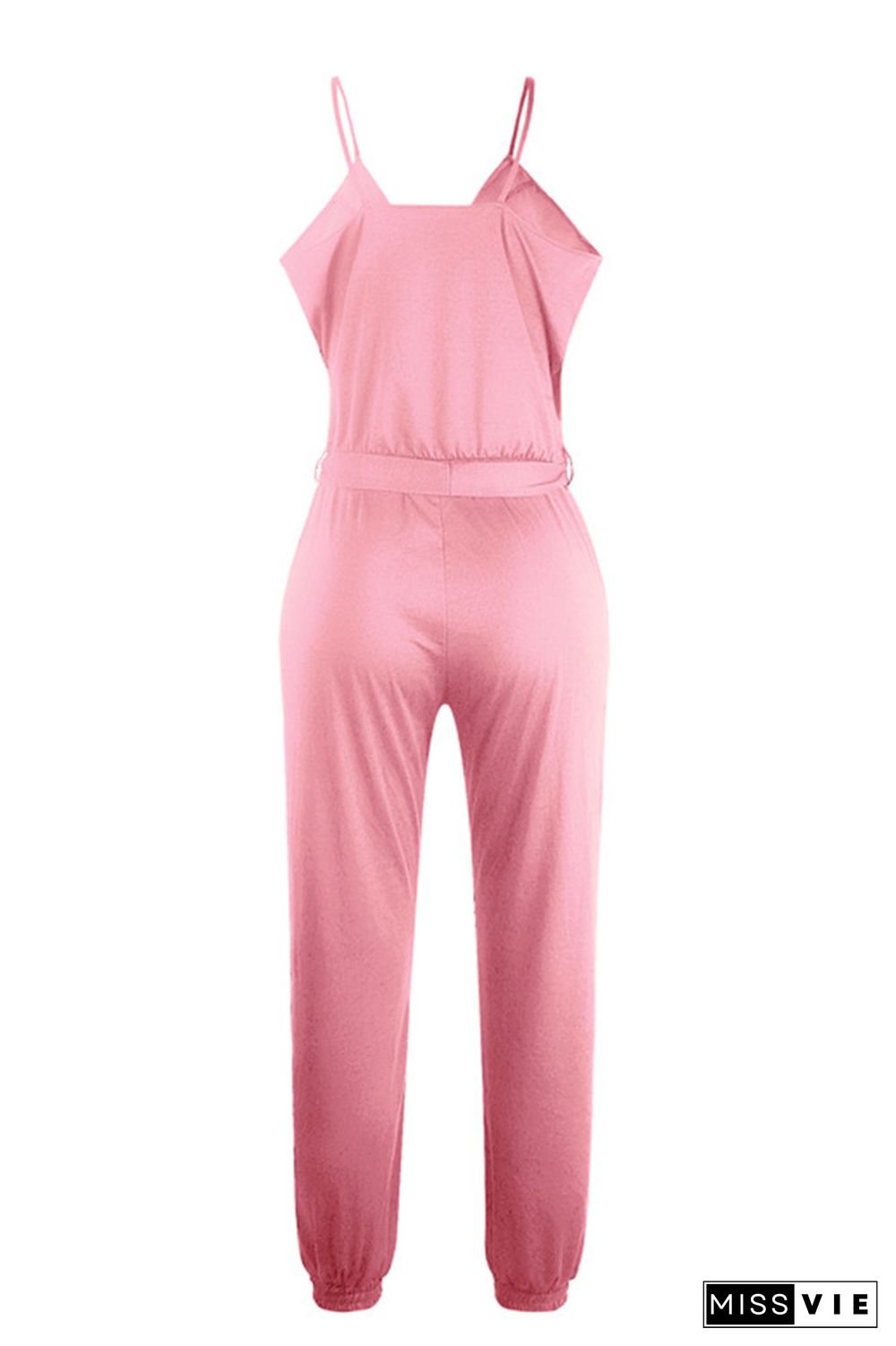 Pink Solid Color Slip Jumpsuit With Belt