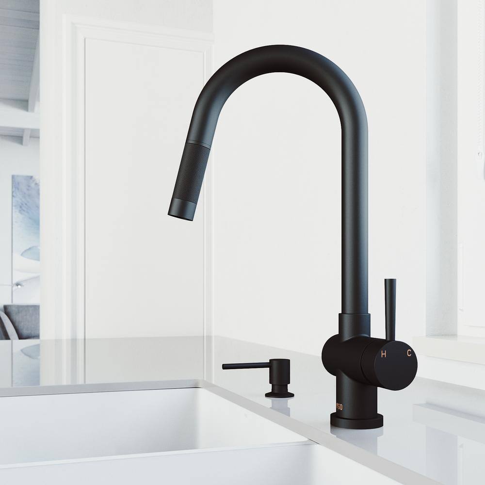 VIGO Gramercy Single Handle Pull-Down Spout Kitchen Faucet Set with Soap Dispenser in Matte Black VG02008MBK6