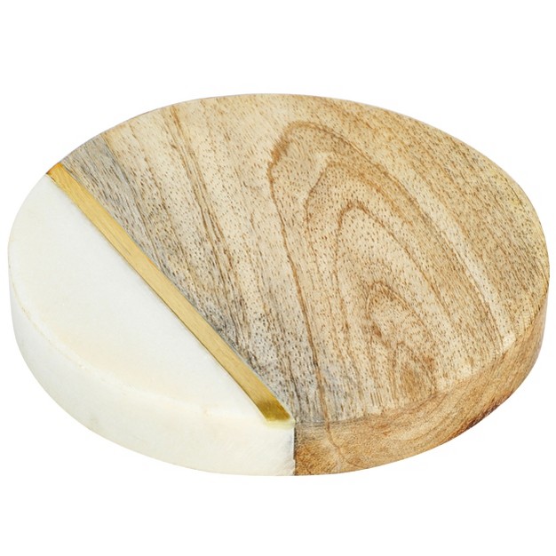 Laurie Gates White Marble And Mango Wood Round 4 Piece Coaster Set