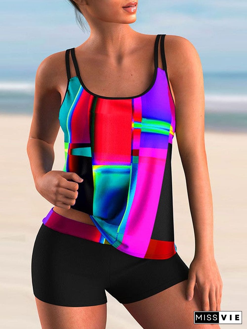 Plus Size Swimwear Sleeveless Bright Embroidery,Plaid Tankini