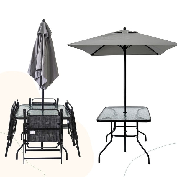 Black Metal Outdoor Patio Dining Set for 4 People with Table，4 Chairs and Umbrella