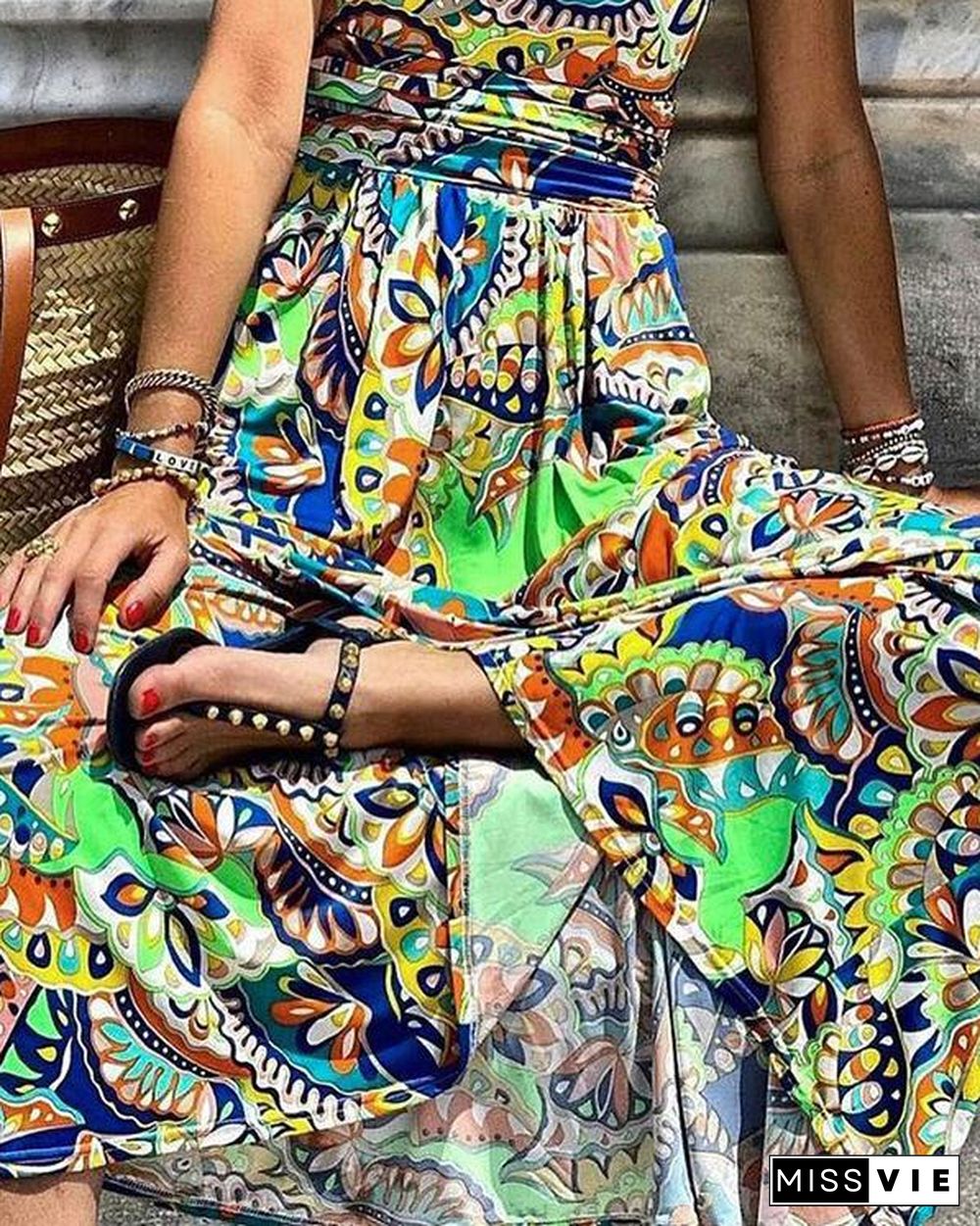 Printing One Shoulder Sleeveless Bohemian Long Dress