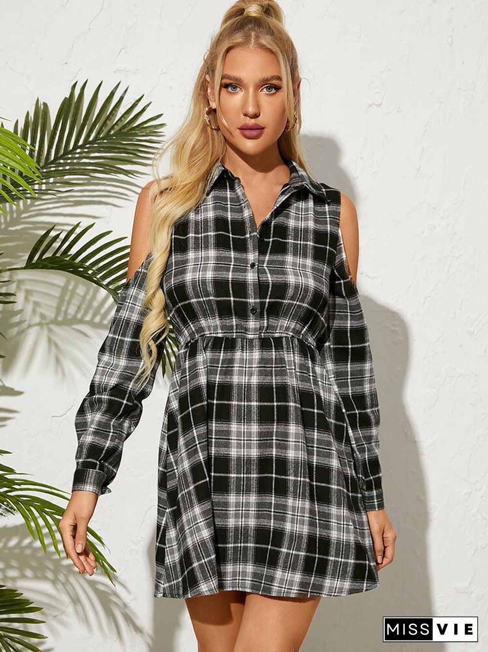 Check Print Button Off The Shoulder Long Sleeve Dress